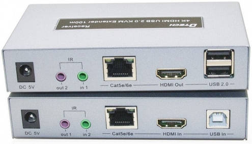 DTECH DT-7051 KVM Extender, Up to 3840x2160@60Hz Resolution, Built-in ESD Protection Circuit, IR Return Function, Support 8/10/12 Bit Dark, USB 2.0, Silver | DT-7051