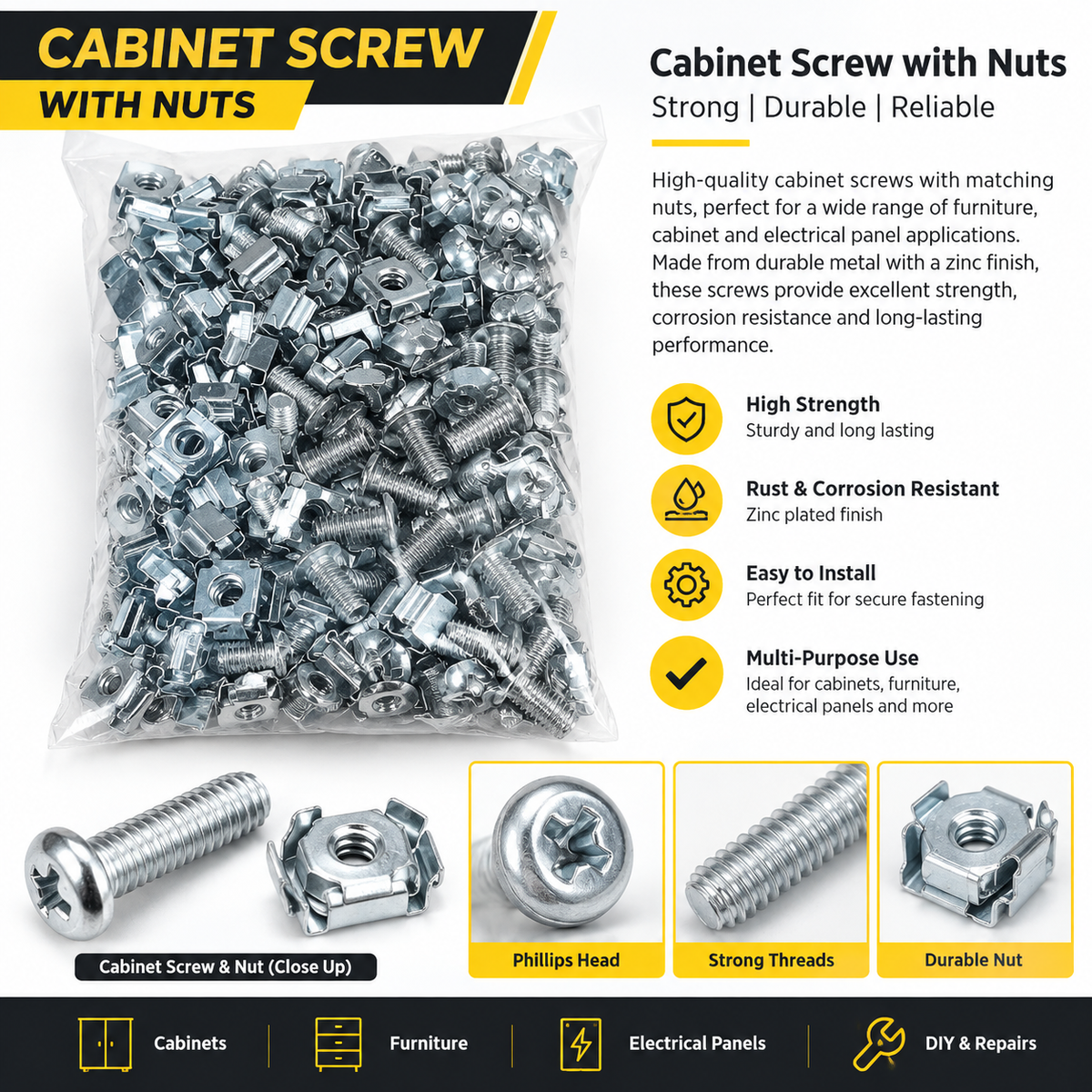 Cabinet Screws with Clip Nuts – Silver Metal Furniture Fastening Screws & Nuts Set for Cabinets, Racks, Panels and DIY Projects