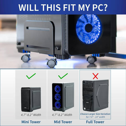 Newstar 91-CPB4 CPU Stand, Fits 4.7" To 8.2" Wide PC's, Compatible with ATX Mini & Mid Tower, 2 Locking Wheels, 2 Caster Wheels, Heavy Duty Metal, Ventilated, Black | 91-CPB4