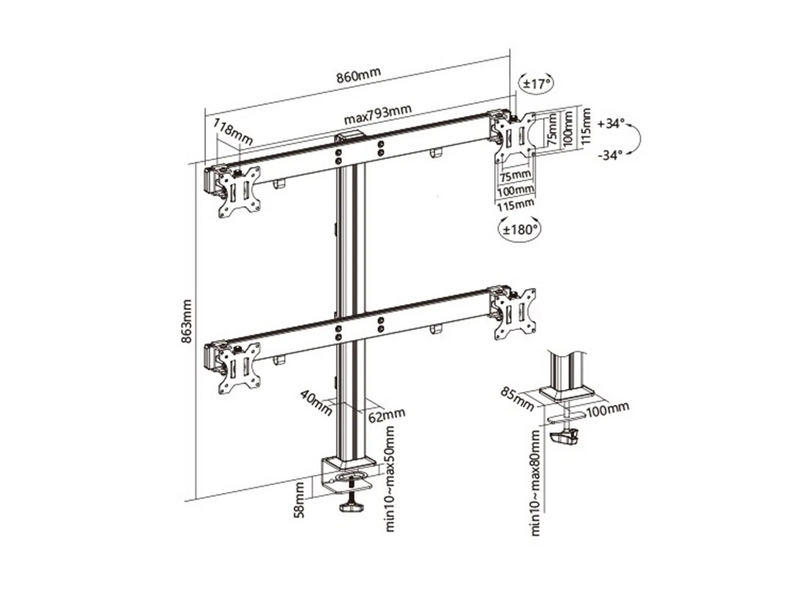 Newstar 91-LDT38C04 Quad Monitor Arm, Fits 17″ to 32″ Screens, 8kg Max Weight, Free-Tilt, Individual VESA Plate Height Adjustment, Cable Management, 360° Rotary VESA Plate, White | 91-LDT38C04