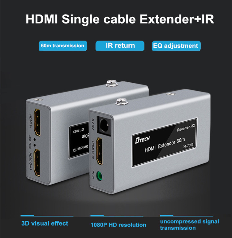 DTECH DT-7053 HDMI Single Cable Extender, 1080P @ 60hz Resolution, 225MHz Bandwidth, Up To 60 Meters Transmission Distance, Silver | DT-7053