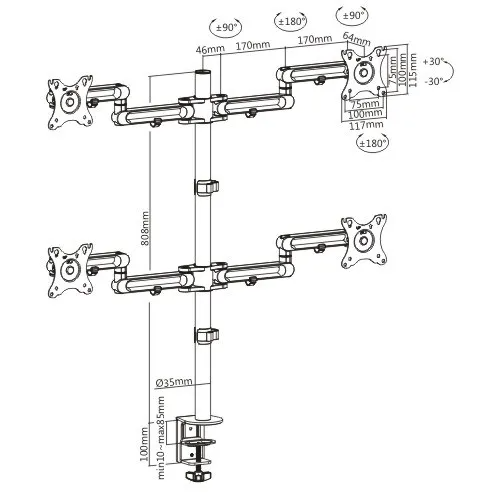 Newstar 91-LDT30C048 Quad Articulating Monitor Arm, Fits 17″ to 32″ Screen, 8kg Max Weight, 360° Rotary VESA Plate, Cable Management, Swiveling Arms, Keyhole Pattern, Free-Tilt, Black | 91-LDT30C048