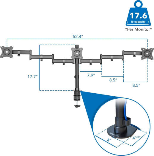 Newstar 91-LDT07C036 Triple Monitor Arm, Fits 13'' to 27'' Screen, 8kg (Each) Max Weight Capacity, Clamp & Grommet, Fully Adjustable, 75x75 & 100x100 VESA, Black | 91-LDT07C036