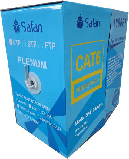 Safan UTP CAT6 Ethernet Cable, 0.96±0.1mm Insulation Diameter, HDPE Insulation Material, Cross+Nylon Wire, 5.9±0.2mm PVC Cable Diameter, 24 AWG Conductors, 305 Meters Length, Gray | SAF-24AWG