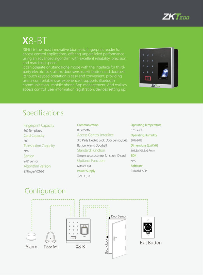 ZKTeco X8-BT Fingerprint and RFID Cards Terminal, 500 Fingerprint Capacity, SilkID Sensor, Bluetooth, 3rd Party Electric Lock, Door Sensor, Exit Button, Alarm, Doorbell | X8-BT
