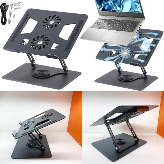 Generic Laptop Stand With Dual Cooling Fan, 360 Rotating Aluminium Computer Riser Holder For Desk, Heat Dissipation With Anti-Slip Pads, Compatible With 10-17Inch Notebook
