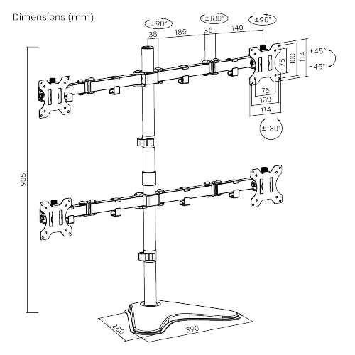 Newstar 91-LDT12T048N Quad Monitor Articulating Monitor Stand, Fits 13" to 32" Screen, 8kg Max Weight, 360° Rotary & Detachable VESA Plate, Adjustable Height, Cable Management, Black | 91-LDT12T048N