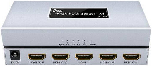 DTECH DT-7144A HDMI Splitter 1x4, Supports 4Kx2K 30Hz Resolution, 340MHz/3.4Gbps Signal Bandwidth, EDID Automatic Recognition, Signal Connection Indicator, Silver | DT-7144A