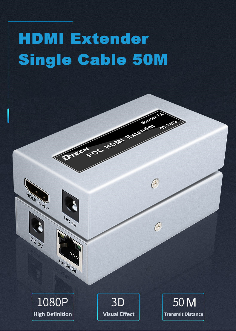 DTECH DT-7073 HDMI Single Cable Extender, 1080P @ 60hz Resolution, 225MHz Bandwidth, Up To 50 Meters Transmission Distance, Silver | DT-7073
