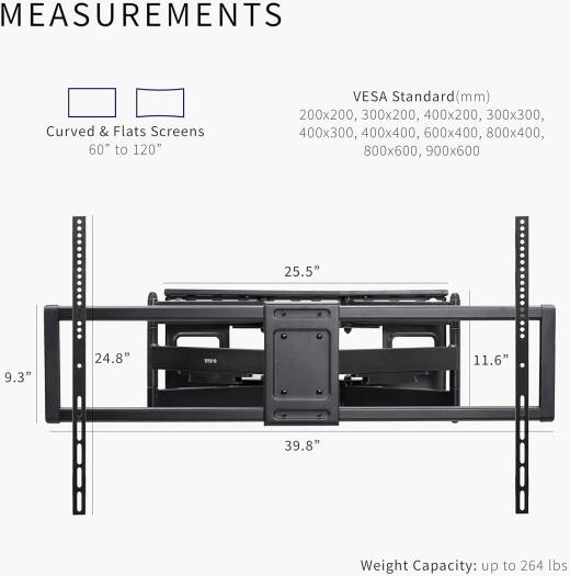 Newstar 91-LPA77696 Heavy-Duty Full-Motion TV Wall Mount, Fits 60" to 120" TVs, 120kg Max Capacity, 900x600 VESA, +5°-15° Tilt, +60°-60° Swivel Range, Integrated Cable Clips, Black | 91-LPA77696