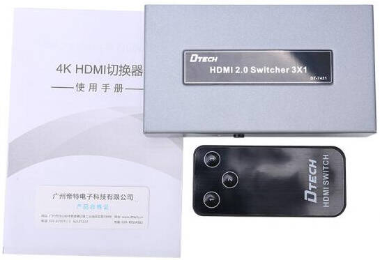 DTECH DT-7431 HDMI Switcher, 3840x2160@60Hz Resolution, Free Driver, Plug & Play, 3 Ports, 10m Input Transmission Distance, 5m Output Transmission Distance, HDMI 2.0, Silver | DT-7431