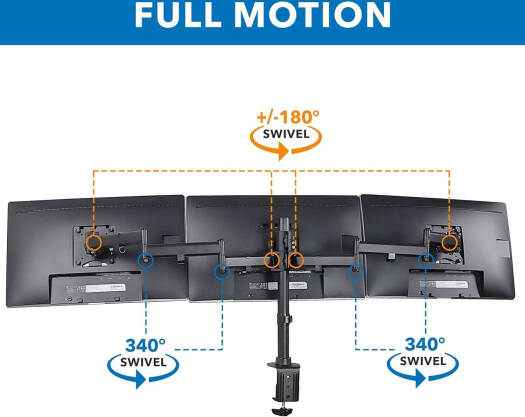 Newstar 91-LDT07C036 Triple Monitor Arm, Fits 13'' to 27'' Screen, 8kg (Each) Max Weight Capacity, Clamp & Grommet, Fully Adjustable, 75x75 & 100x100 VESA, Black | 91-LDT07C036