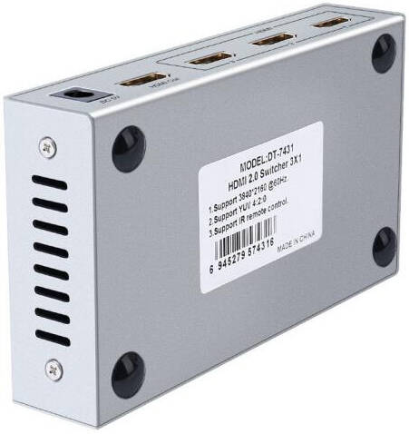 DTECH DT-7431 HDMI Switcher, 3840x2160@60Hz Resolution, Free Driver, Plug & Play, 3 Ports, 10m Input Transmission Distance, 5m Output Transmission Distance, HDMI 2.0, Silver | DT-7431
