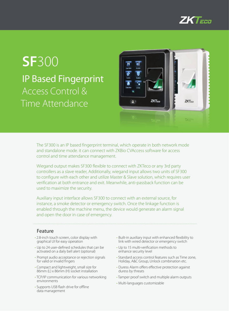 ZKTeco SF300 Fingerprint Access Control with Time Attendance, 2.8" Resistive Touch Screen, ZK Optical Sensor 500DPI, 1500 Fingerprint Capacity, Built-In Auxiliary Input, Black | SF300