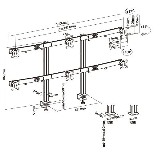 Newstar 91-LDT38C06 Six Screen Monitor Arm, Fits 17″ to 32″ Monitor, 8kg (Each) Max Weight, Individual VESA Plate Height Adjustment, Cable Management, Sliding Horizontal Bar, White | 91-LDT38C06
