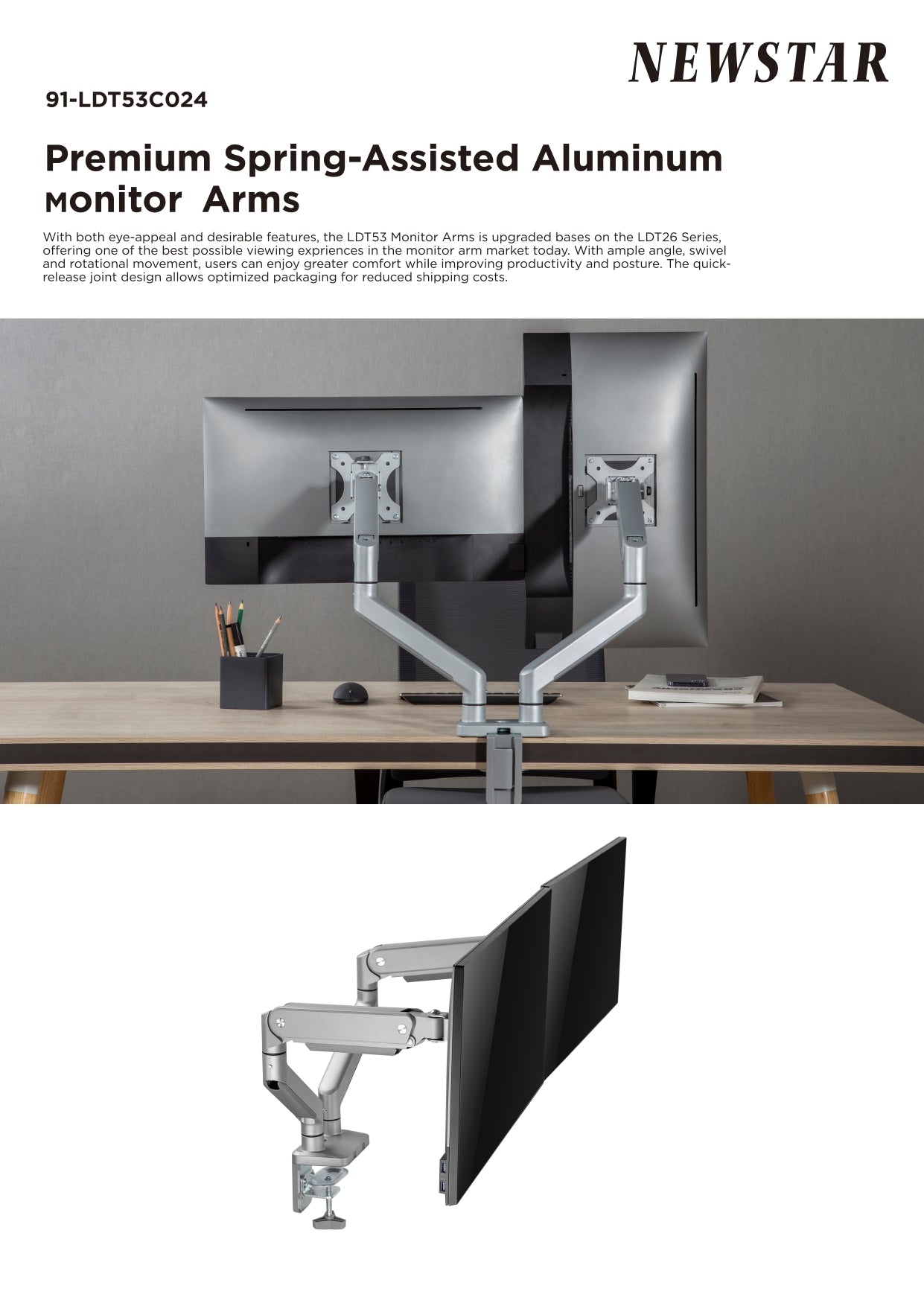 Newstar Dual Monitors Premium Aluminum Spring-Assisted Monitor Arm, Fits 17" to 32" Screens, 10kg Max Weight Capacity, Built-in Spring Tension, Cable Management, Detachable VESA, Silver | 91-LDT53C024