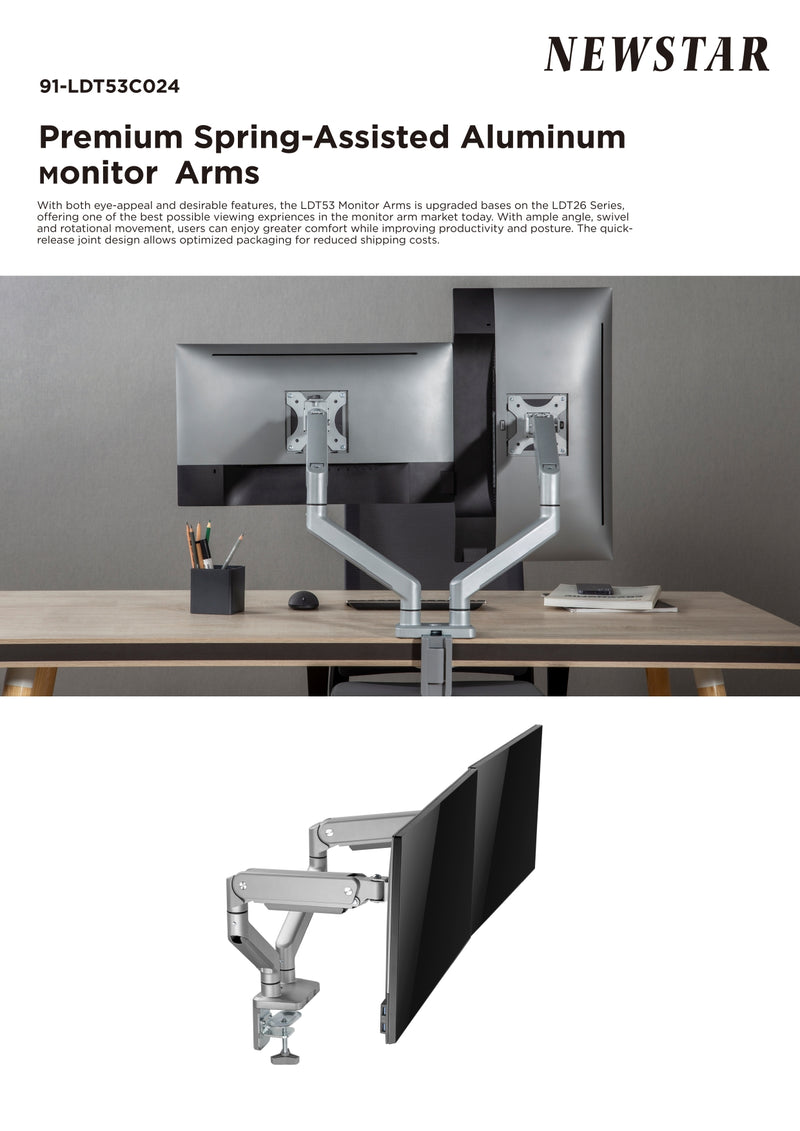 Newstar Dual Monitors Premium Aluminum Spring-Assisted Monitor Arm, Fits 17" to 32" Screens, 10kg Max Weight Capacity, Built-in Spring Tension, Cable Management, Detachable VESA, Silver | 91-LDT53C024
