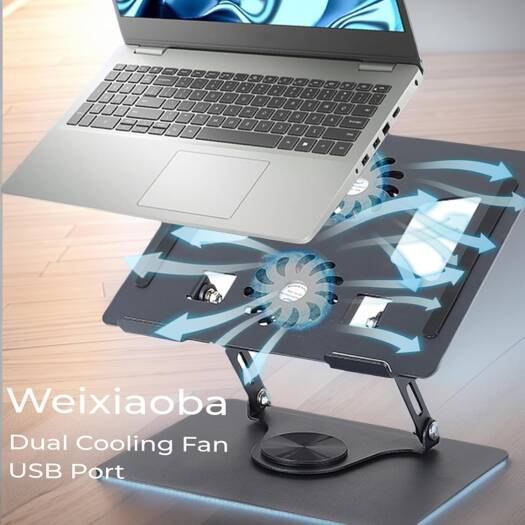 Generic Laptop Stand With Dual Cooling Fan, 360 Rotating Aluminium Computer Riser Holder For Desk, Heat Dissipation With Anti-Slip Pads, Compatible With 10-17Inch Notebook