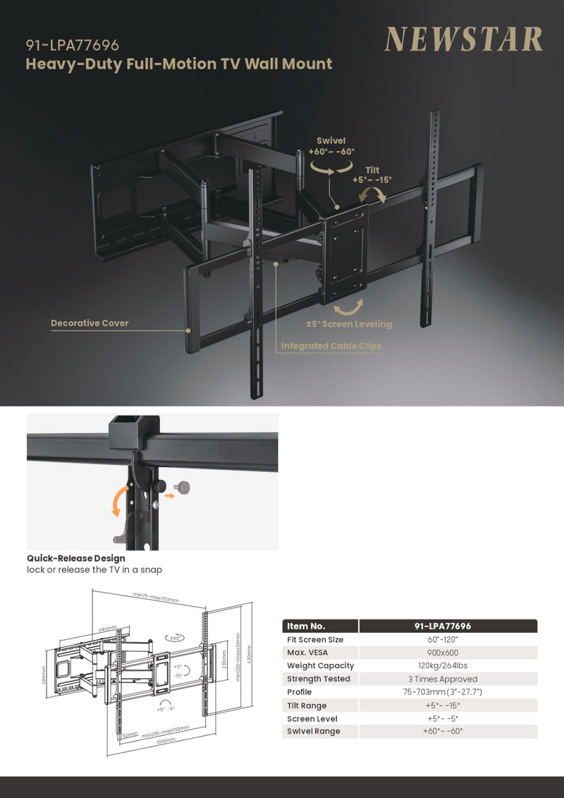Newstar 91-LPA77696 Heavy-Duty Full-Motion TV Wall Mount, Fits 60" to 120" TVs, 120kg Max Capacity, 900x600 VESA, +5°-15° Tilt, +60°-60° Swivel Range, Integrated Cable Clips, Black | 91-LPA77696