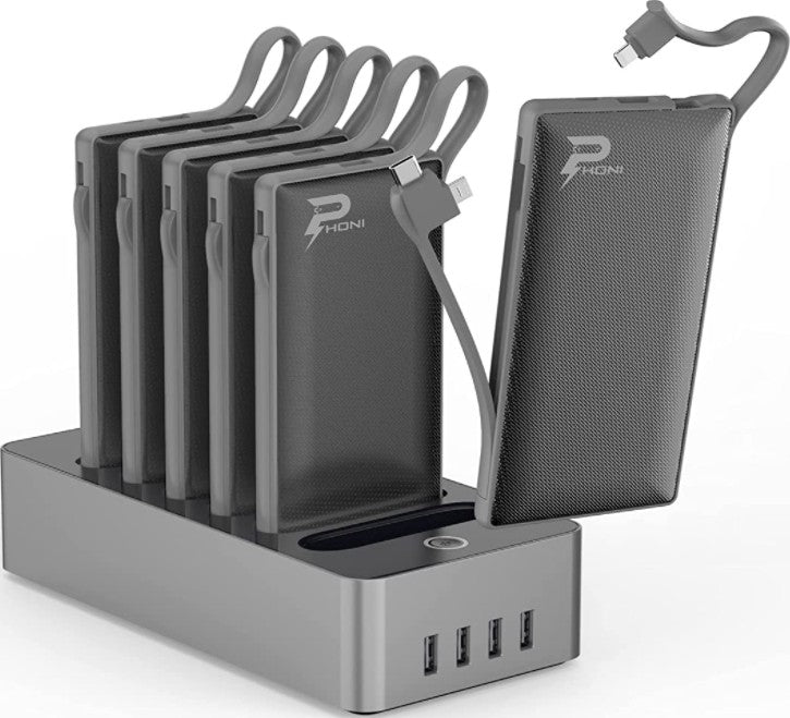 Phoni ‎PB922 6 in 1 Power Station, 10000 mAh, With Built In Cable, To Charge Multiple Devices, Portable and Safe, Black | ‎PB922 B6