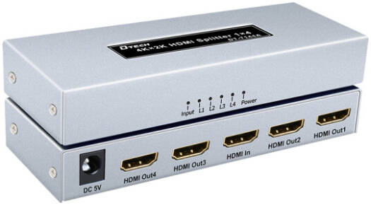 DTECH DT-7144A HDMI Splitter 1x4, Supports 4Kx2K 30Hz Resolution, 340MHz/3.4Gbps Signal Bandwidth, EDID Automatic Recognition, Signal Connection Indicator, Silver | DT-7144A