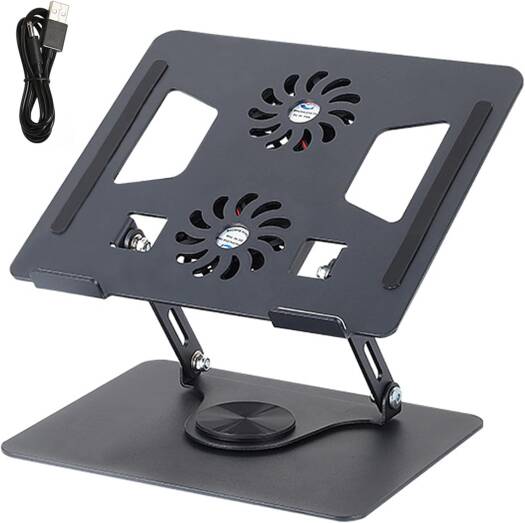 Generic Laptop Stand With Dual Cooling Fan, 360 Rotating Aluminium Computer Riser Holder For Desk, Heat Dissipation With Anti-Slip Pads, Compatible With 10-17Inch Notebook